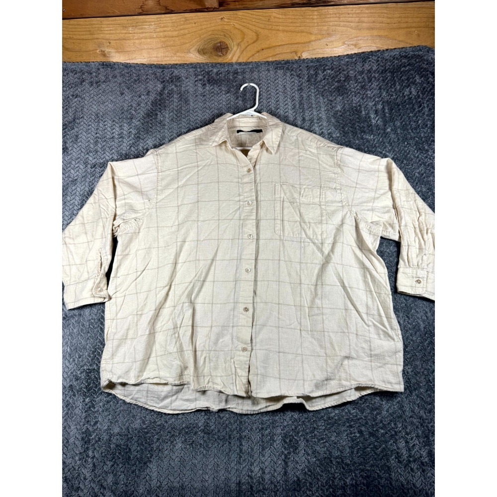 Jenni Kayne Shirt‎ Womens XL Beige Plaid Flannel Cotton Long Sleeve Button Up